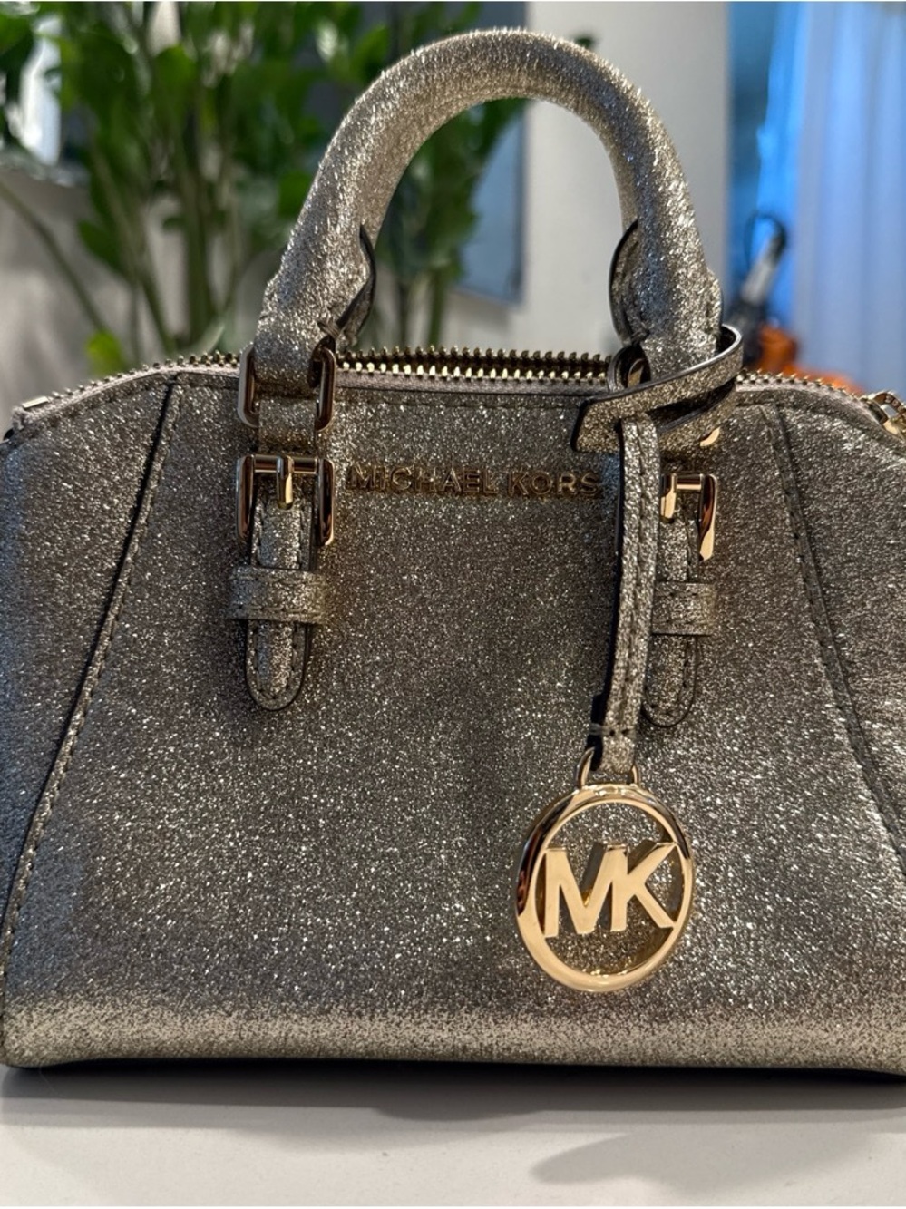 MICHAEL Michael Kors Silver Glitter Mini Satchel with Gold Hardware